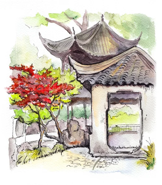 Chinesische Tempelpagode und roter Baum in China — Stockfoto