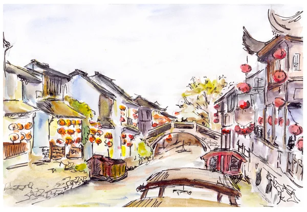 Watercolor - water canal in old town in China. Red lanterns. — Stock Photo, Image