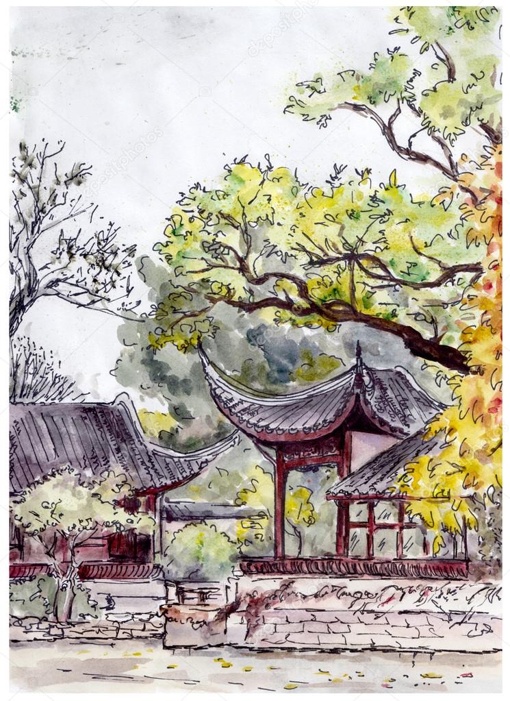 Traditional chinese garden with pagoda pavilions - hand drawing