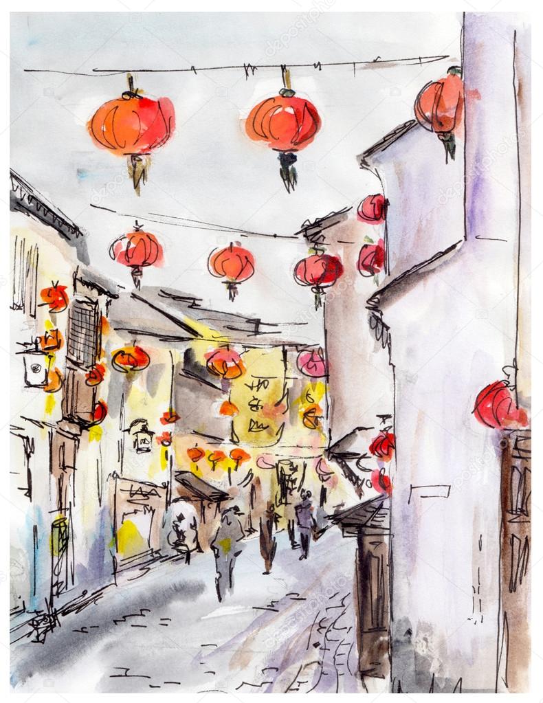 Old town street in China, traditional chinese red lanterns