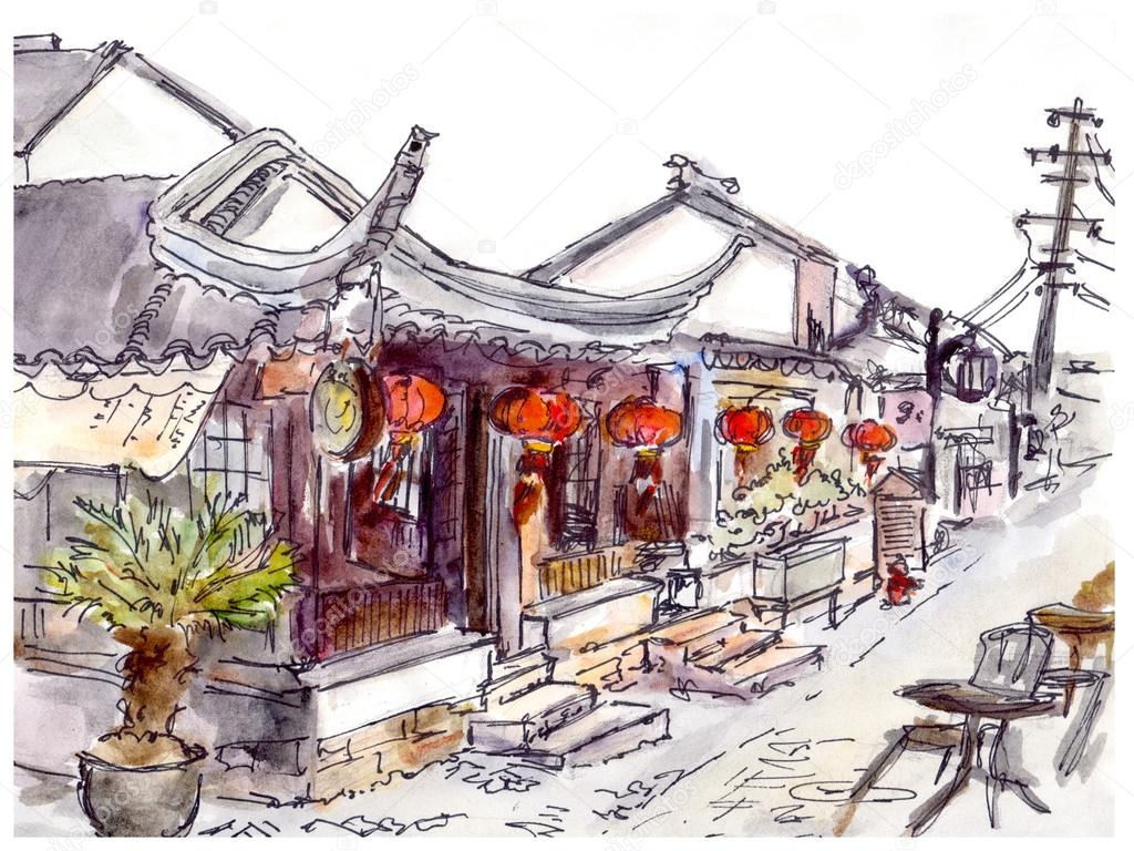Watercolor painted chinese old town, cafe and red lanterns