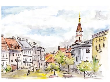El kroki Vilnius şehrinin sokak boyalı. Suluboya ve liner