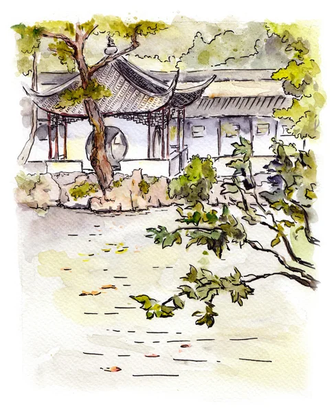 Jardin chinois avec pagode à Suzhou, Chine. Aquarelle — Photo