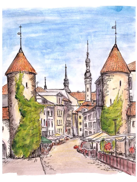 Desenho pintado à mão do portão da cidade de Tallinn — Fotografia de Stock