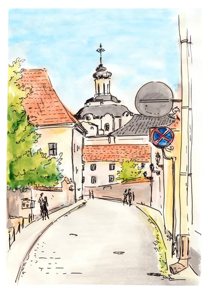 Handmålade skiss av Vilnius stad street — Stockfoto