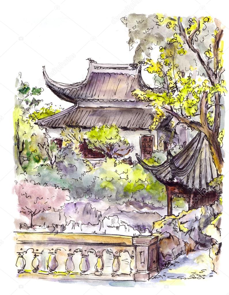 Chinese garden with pagoda in Suzhou, China. Watercolor