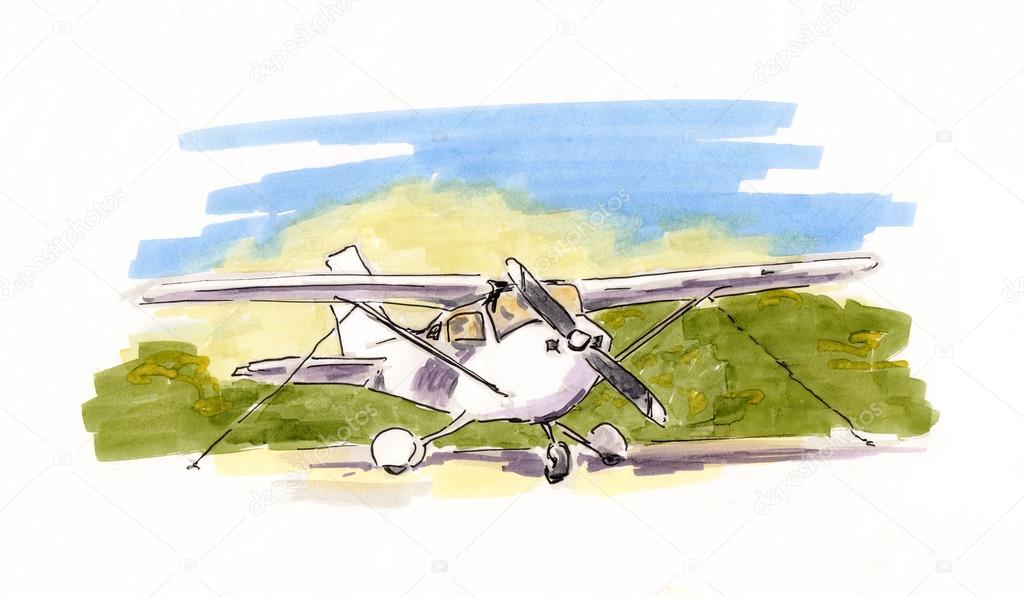 Hand painted sketch of small propeller plane