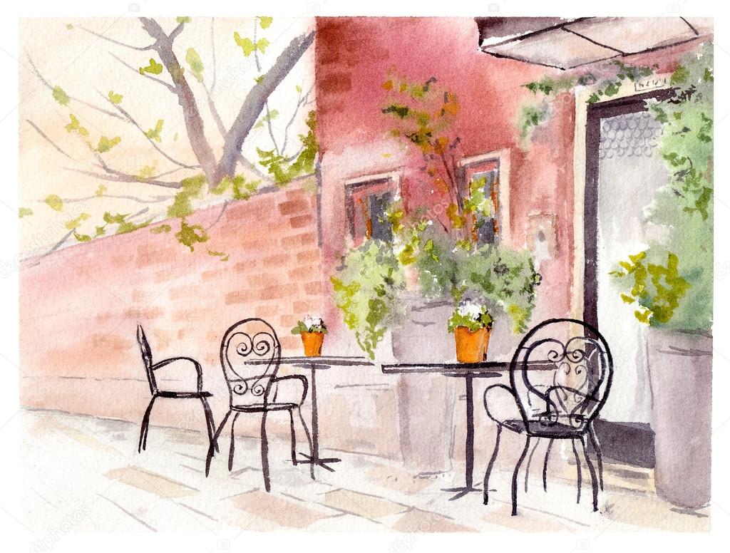 Street cafe. Retro design. Watercolor