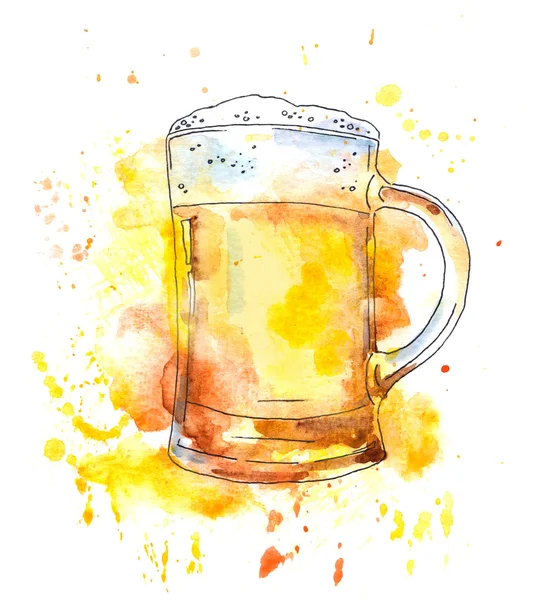 Une tasse de bière. Aquarelle avec gouttes et éclaboussures, style original — Photo