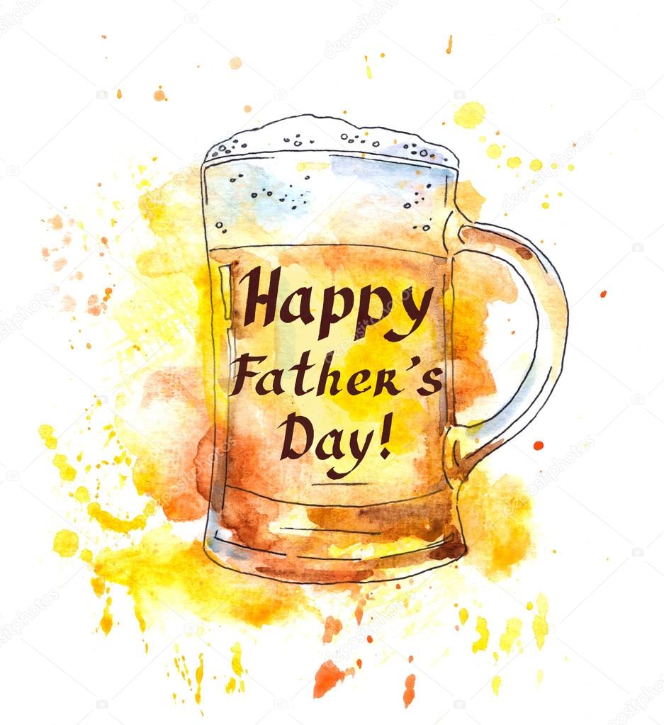 Fathers day card. Beer mug with text. Watercolor original style