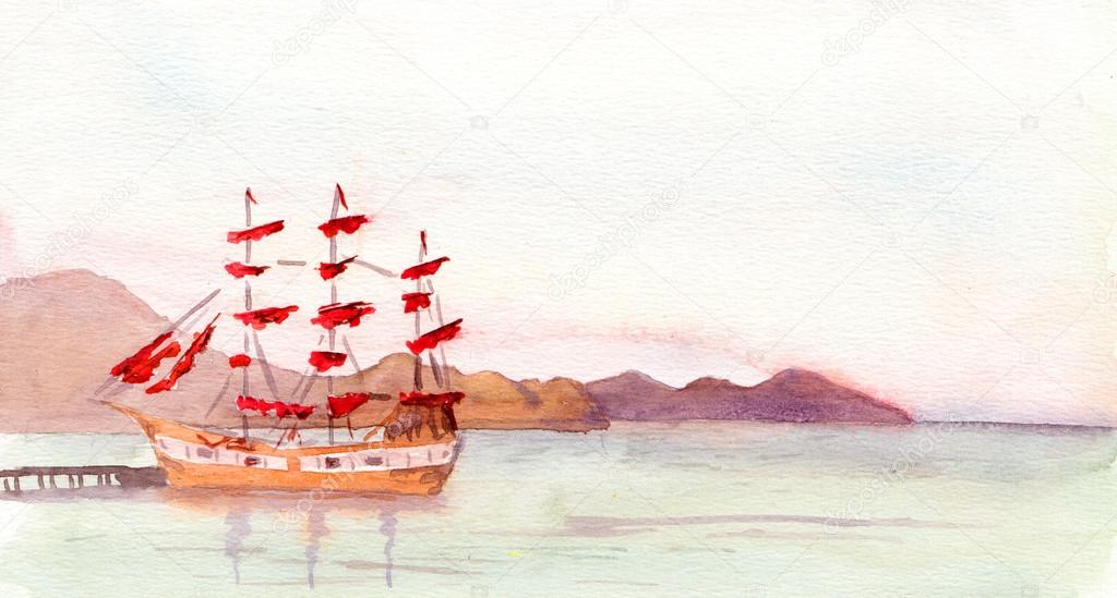 Watercolor landscape with red sail boat