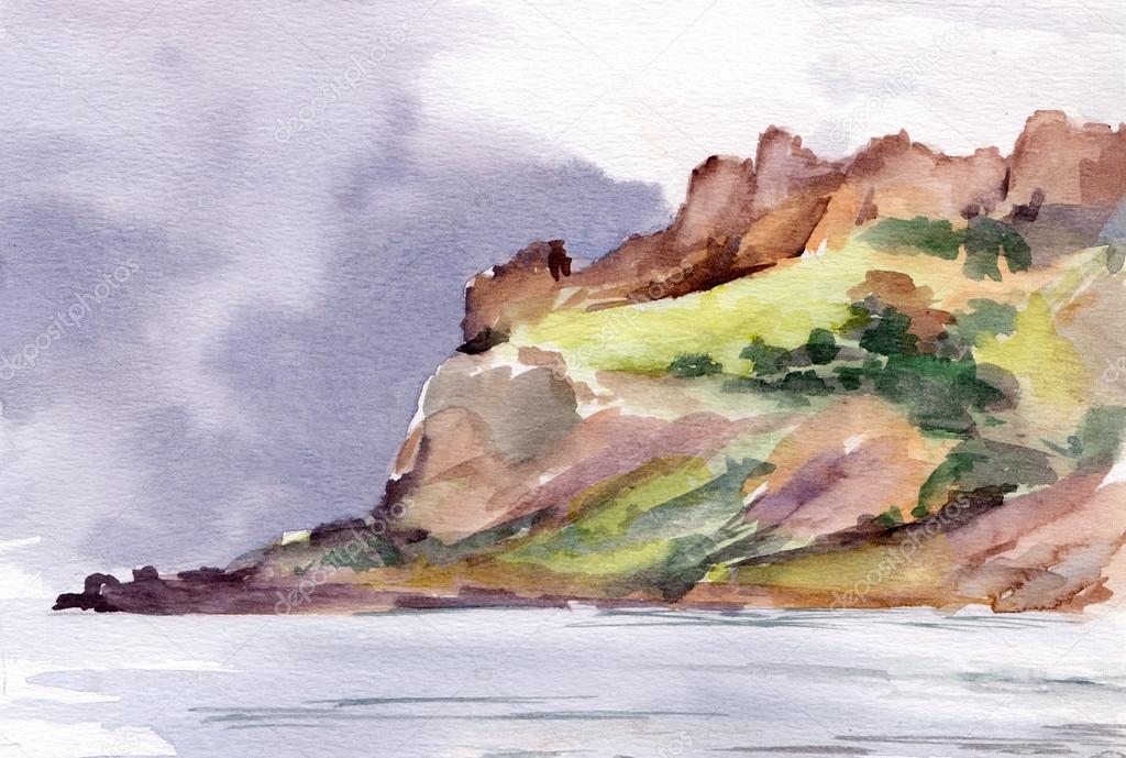Watercolor sign - mountains and rain in sea