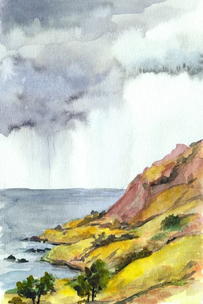 Akwarela krajobraz z morza i gór. Chmury deszcz — Zdjęcie stockowe
