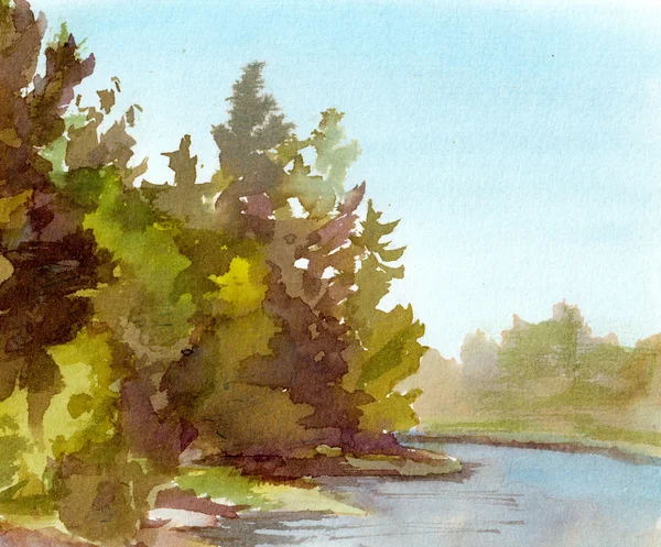 Vista paisagem aquarela com árvores florestais e água do lago — Fotografia de Stock