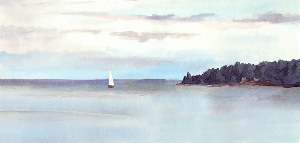 Akvarell landskap - ön, himlen med moln och vita segel. — Stockfoto
