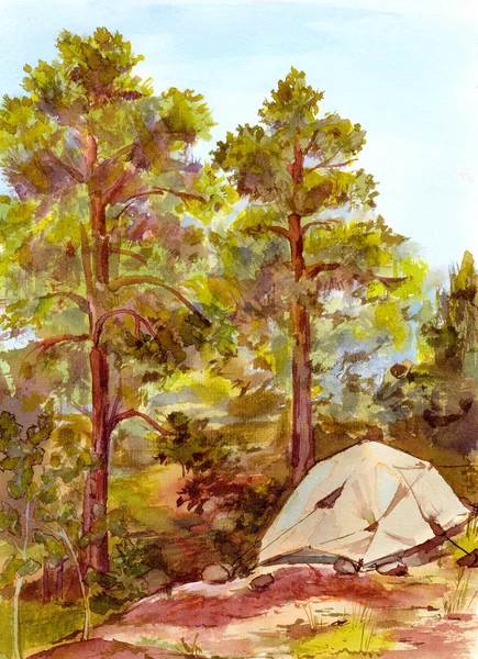 Watercolor landscape with tourists tent - camping in forest — Stock Photo, Image