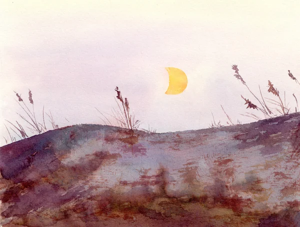 Akwarela - pejzaż widok ze skał wzgórza, trawy i księżyc — Zdjęcie stockowe