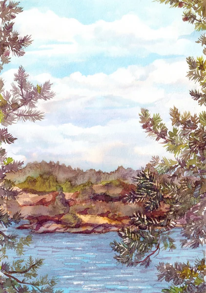 Vista da paisagem da natureza norte - costa rochosa, lago e pinhal — Fotografia de Stock