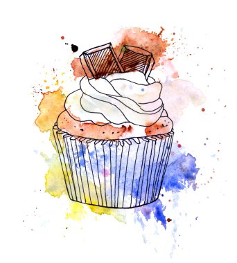 Cupcake kek çikolata ile. Suluboya