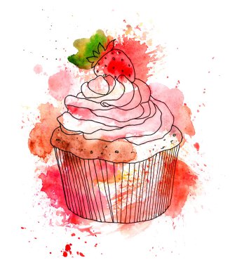 Cupcake kek krem ve çilek berry ile. Suluboya