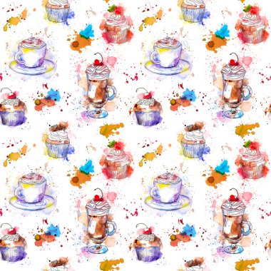 Çay partisi yinelenen desen. Cupcake kek, çay, kahve fincanı.