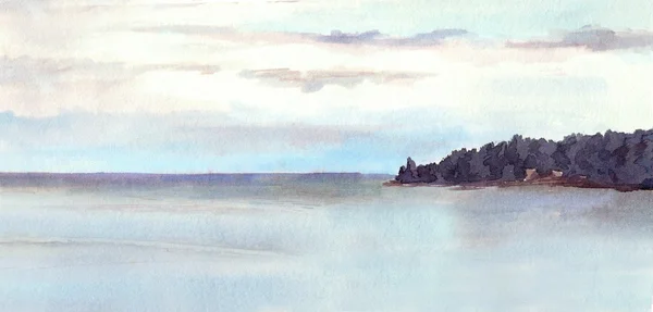 Vatten Visa landskap - sjön eller havet, ön, sky. Akvarell. — Stockfoto