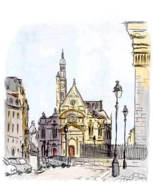 Acuarela pintado dibujo de París con la iglesia — Foto de Stock