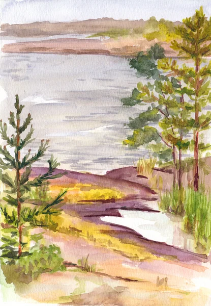 Paisagem nórdica aquarela com lago e costa rochosa — Fotografia de Stock