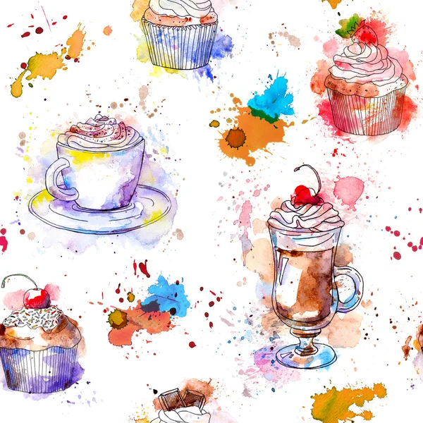 Teatime seamless background. Cupcake cakes, coffee cup. — Stock Photo, Image