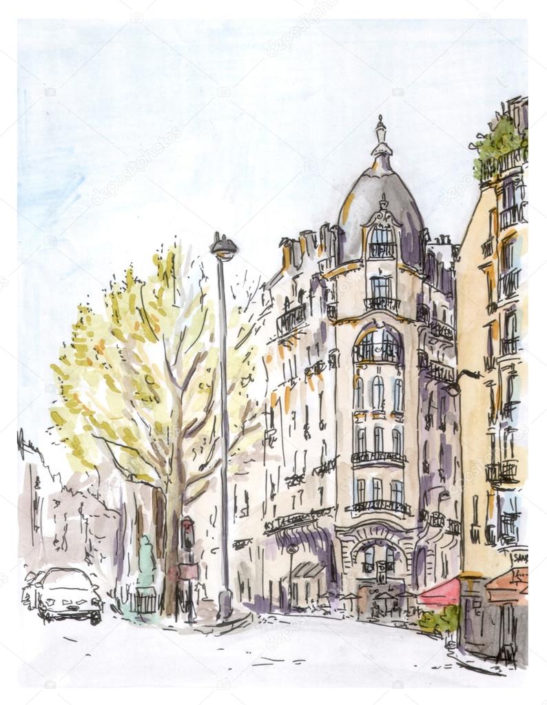 Hand painted color sketch of Paris street