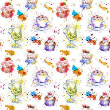 Çay saati yinelenen desen. Cupcake kek, çay, kahve fincanı.