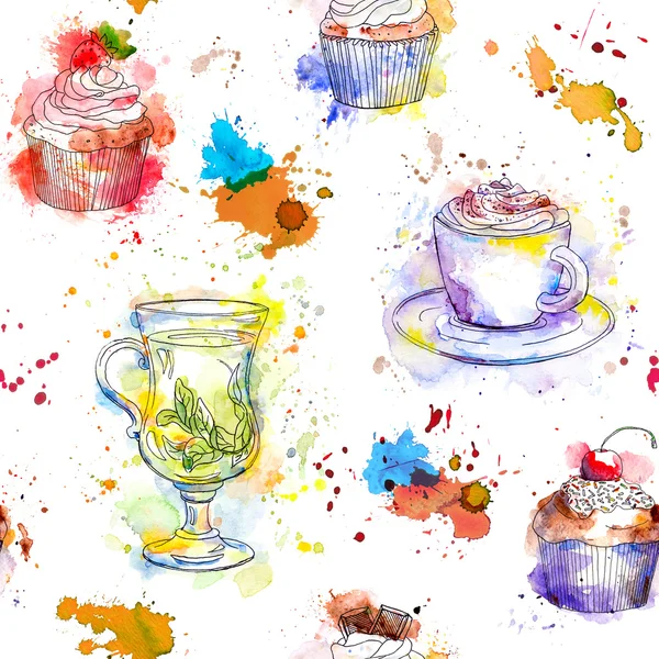 Watercolor tea seamless pattern - cupcakes, tea and coffee cup. — Stock Photo, Image