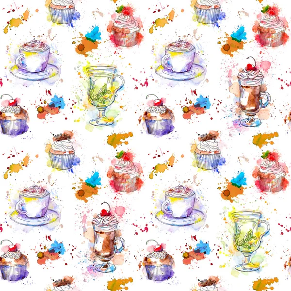 Thee tijd partij herhalend patroon. Cupcake taarten, thee, koffie beker — Stockfoto