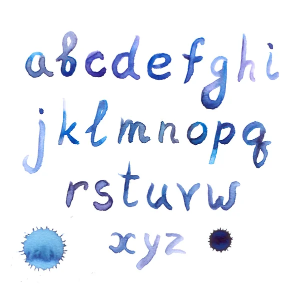 水彩的蓝色字体英语字母表，低的情况下 — 图库照片