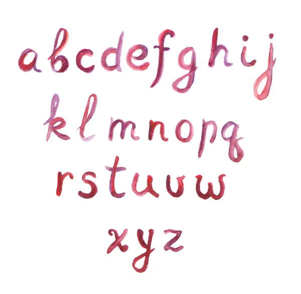 Handbemaltes rot-violettes Aquarell englisches Alphabet, Kleinbuchstaben — Stockfoto