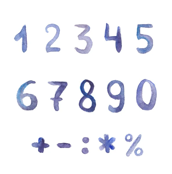 Mão escrita números aquarela azuis — Fotografia de Stock