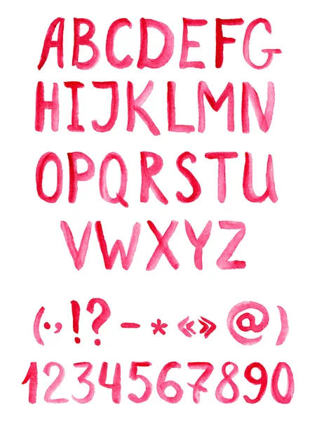 Sayılar ve noktalama işaretleri ile kırmızı sulu boya alfabe yazı tipi — Stok fotoğraf