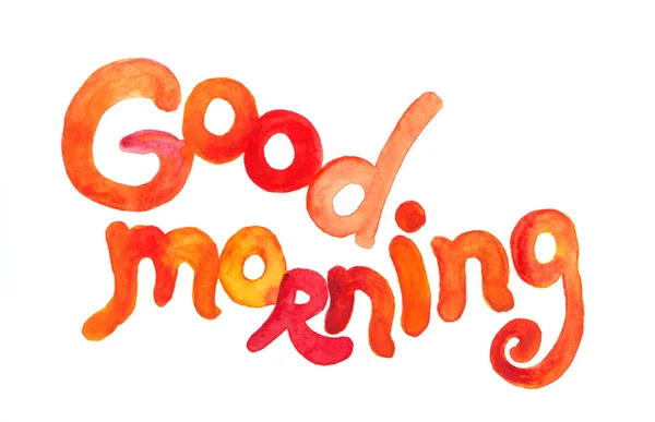 God morgen, hånd skrevet med akvarellfarge i skinnende rød-gul. – stockfoto