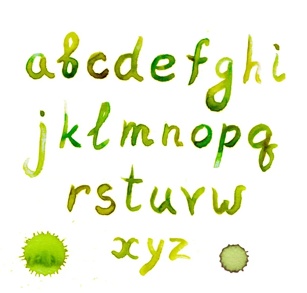 春天的绿色水彩画英语字母表，低的情况下 — 图库照片