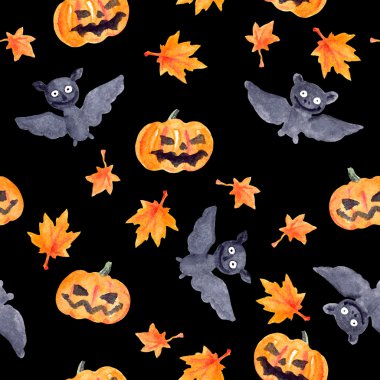 Cadılar Bayramı Balkabağı ve yarasa, suluboya ile seamless modeli