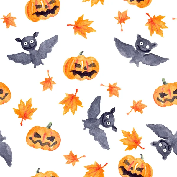 Modello senza cuciture di Halloween con zucca e pipistrello, acquerello — Foto Stock