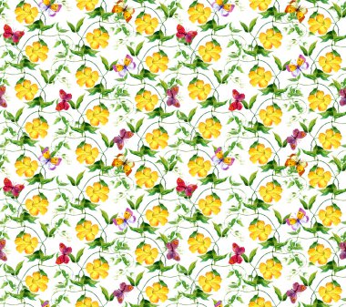 Sarı çiçek ve kelebek. Sorunsuz çiçek Yazdır. Suluboya