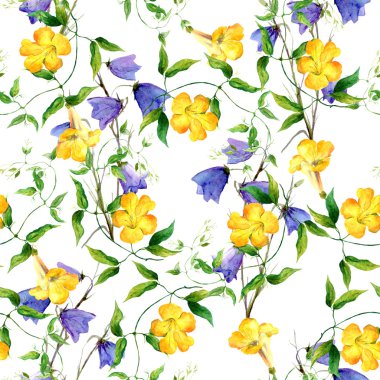 Yellow flower and bluebell. Repeating floral pattern watercolor