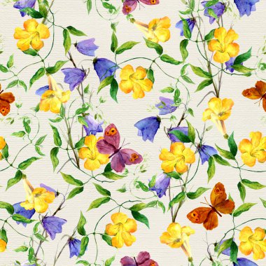 Yellow flower, bluebell, butterflies. Repeating floral pattern