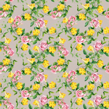 Repeating pattern with yellow flowers and roses, watercolor