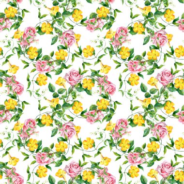 Repeating pattern with yellow flowers and roses, watercolor