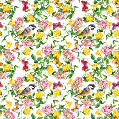 Repeating pattern with yellow flower, rose, bird and butterflies