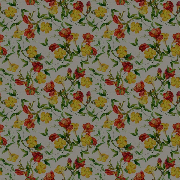 Yellow and red flowers pattern watercolor. Freesia, bindweed — Stock Photo, Image