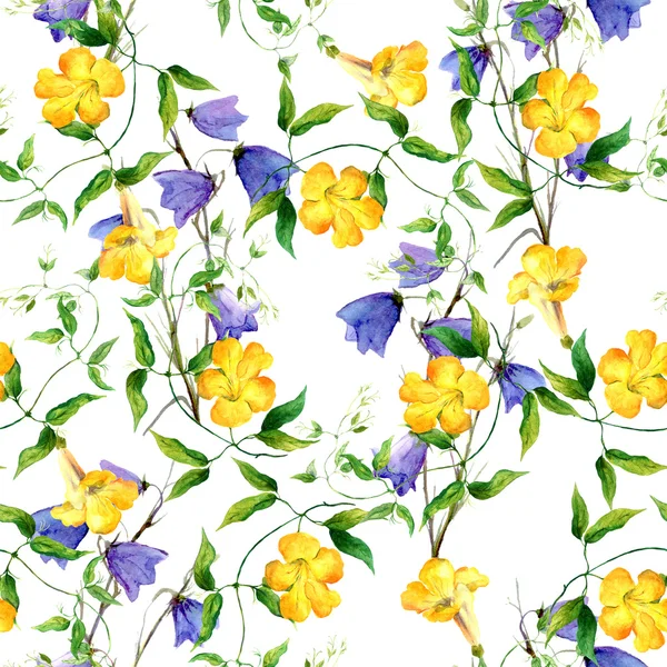 Gelbe Blume und Blauglocke. Blumenmuster wiederholend Aquarell — Stockfoto
