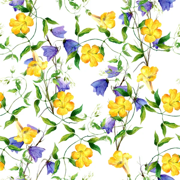 Yellow flower and bluebell. Repeating floral pattern watercolor — ストック写真